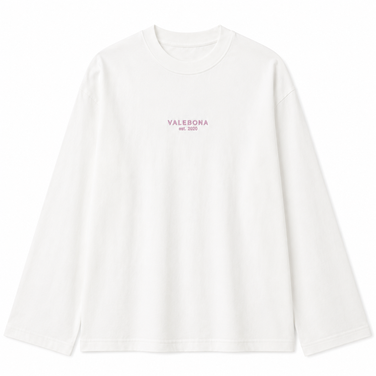 A white long-sleeve crewneck t-shirt with 'VALEBONA EST. 2020' printed in a light pink font on the center chest, displayed on a clean white background.