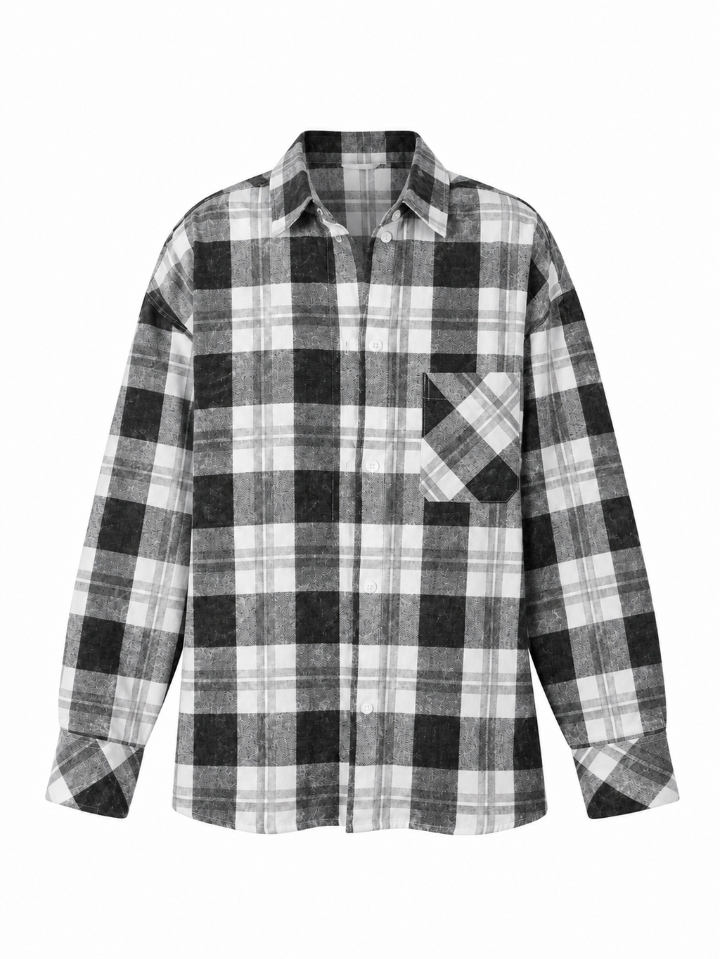 A long-sleeve button-up plaid shirt in black, gray, and white, featuring a chest pocket and a classic checkered pattern.