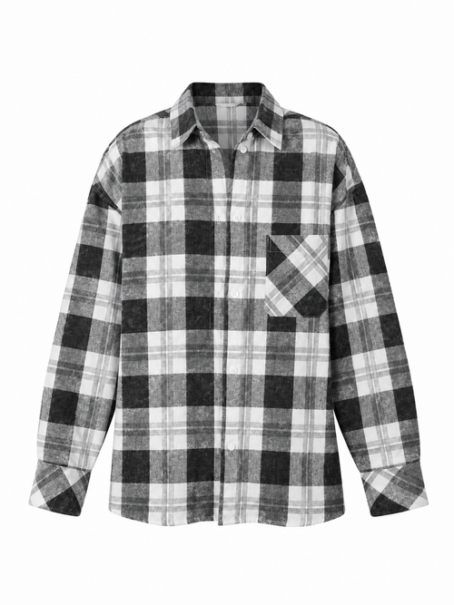 A long-sleeve button-up plaid shirt in black, gray, and white, featuring a chest pocket and a classic checkered pattern.