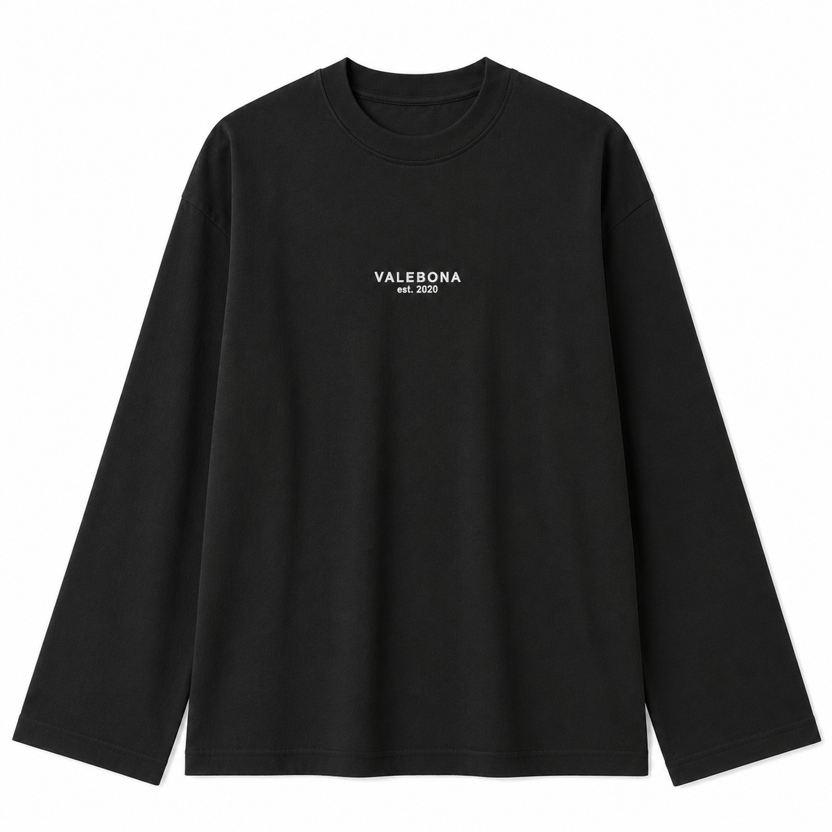 A black long-sleeve crewneck t-shirt with 'VALEBONA EST. 2020' printed in white on the center chest, displayed on a clean white background.