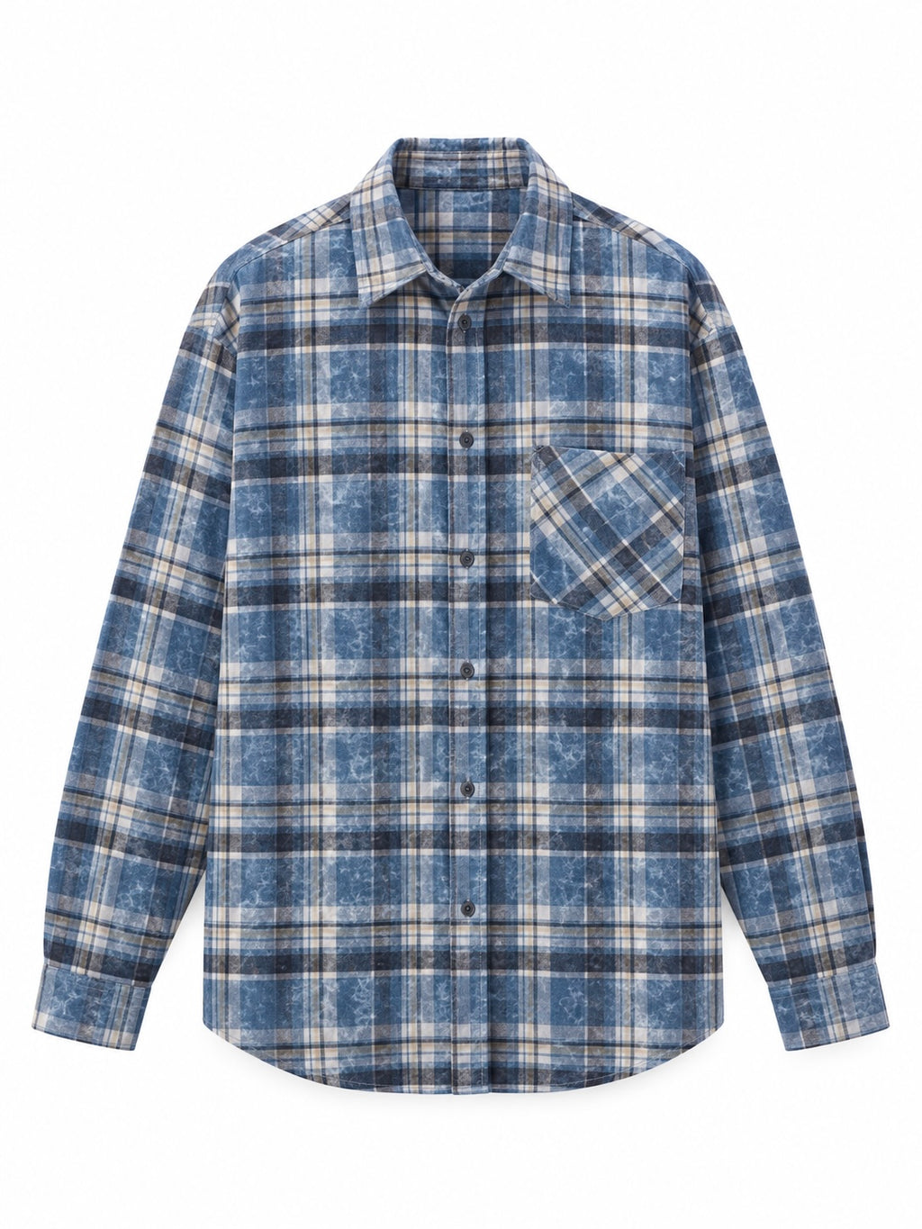 A long-sleeve button-up plaid shirt in blue, beige, and black, featuring a single chest pocket, shown against a plain white background.