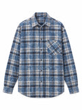 A long-sleeve button-up plaid shirt in blue, beige, and black, featuring a single chest pocket, shown against a plain white background.