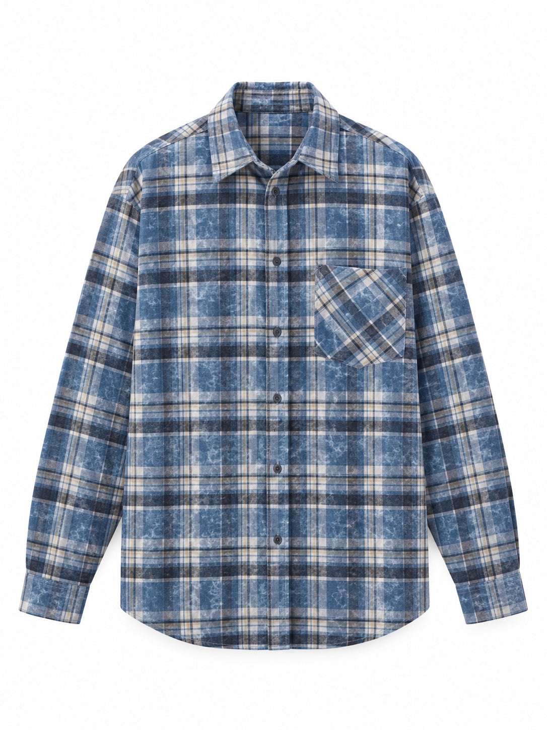 A long-sleeve button-up plaid shirt in blue, beige, and black, featuring a single chest pocket, shown against a plain white background.
