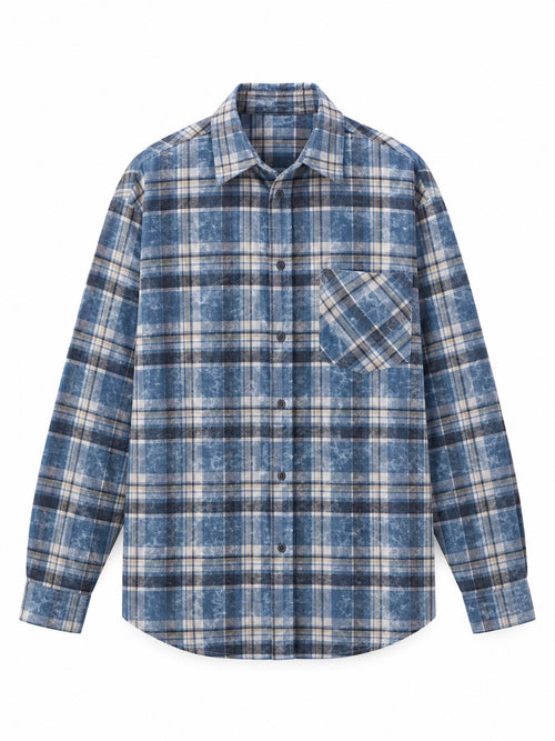 A long-sleeve button-up plaid shirt in blue, beige, and black, featuring a single chest pocket, shown against a plain white background.