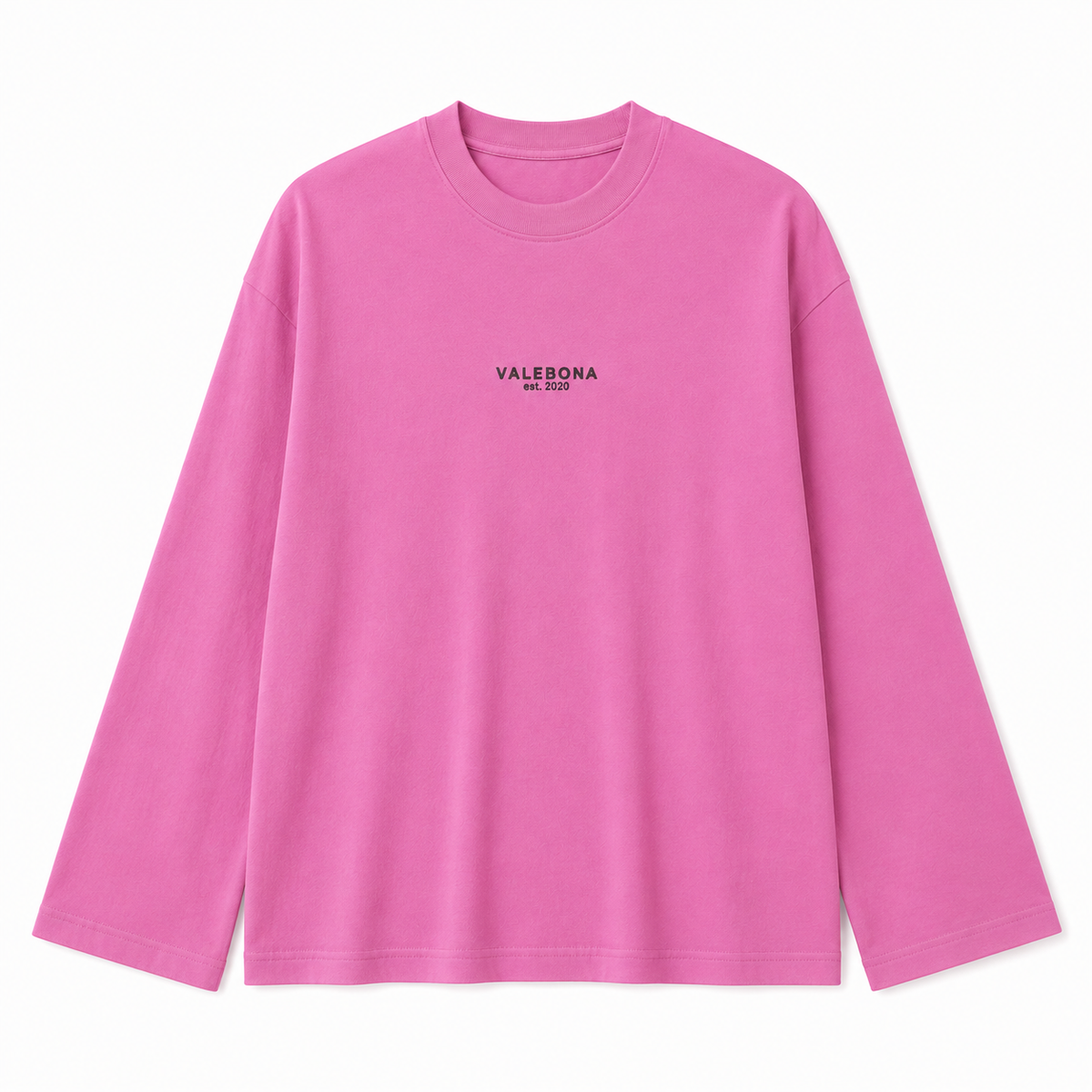 A bright pink long-sleeve crewneck t-shirt with 'VALEBONA EST. 2023' printed in black on the center chest, displayed on a clean white background.