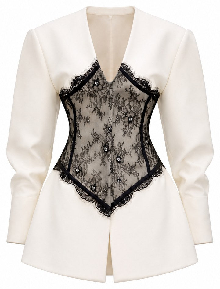 Hourglass Lace Blazer in ivory with black lace, front view